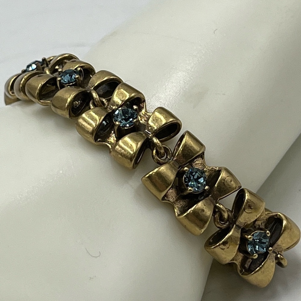 J. Crew Blue Crystal Antique Gold Tone Statement‎ Leaves Tennis Bracelet
